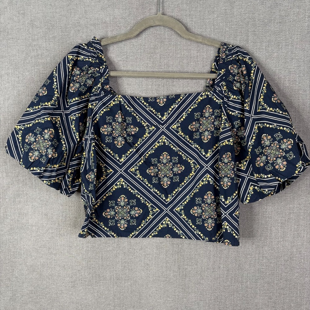 Loft Top Womens Extra Large Blue Floral Crop Smocked Puff Sleeve Cottagecore